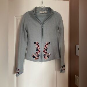 Vintage - Lamb wool. Sea New York Embroidered Zip-Front Cardigan in Light Gray